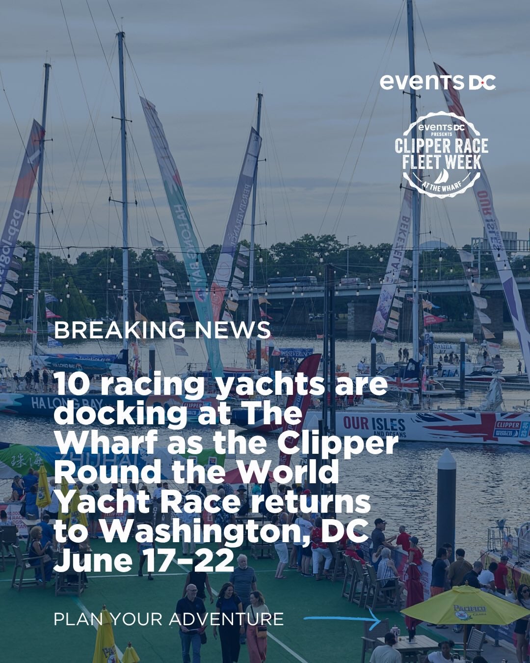 Ready to sail into summer? ⛵️☀️

Clipper Race Fleet Week is returning to The Wharf! From June 17-22, enjoy the @clipperrace fan zone featuring public yacht tours, VR experiences, live art, entertainment and cultural performances.

Then join Events DC on M