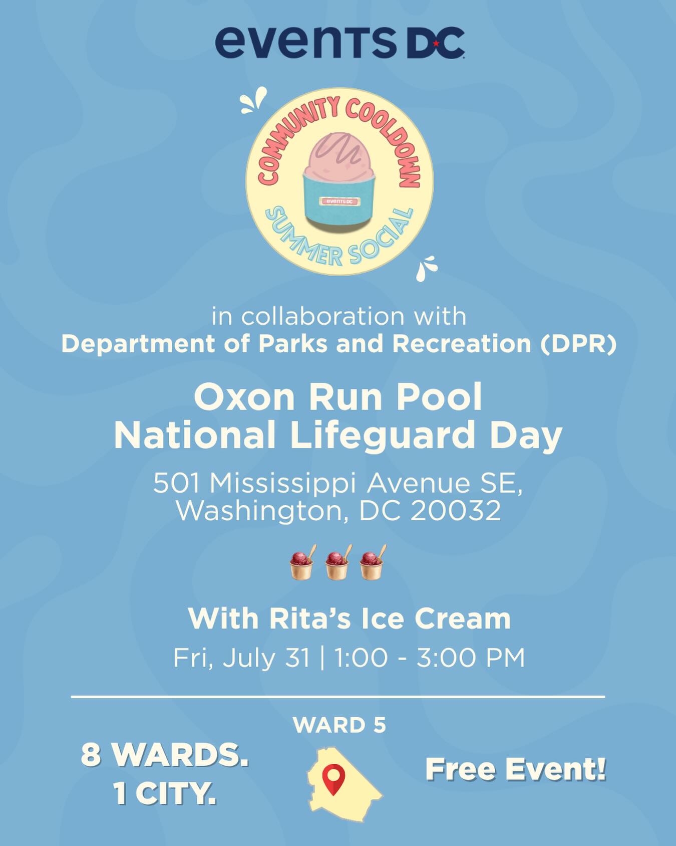 Free treats? Don’t mind if we do! 

Celebrate National Lifeguard Day with us at Oxon Run Pool!
In collaboration with the Department of Parks and Recreation (DPR), we’re celebrating the incredible lifeguards who keep our community safe all summer long.

St