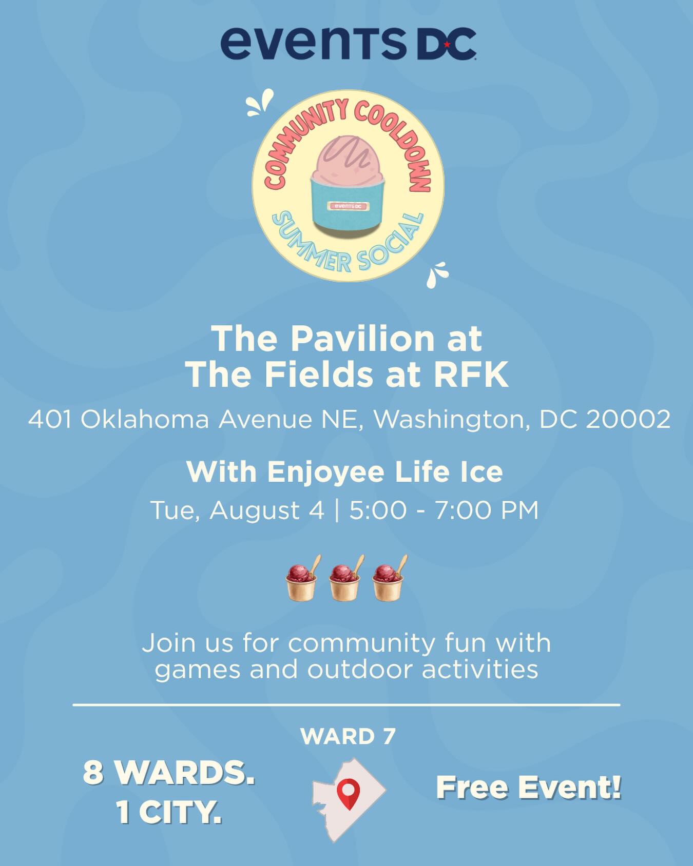 The sweetest stop of your day 

Cool down with us Tuesday, August 4 from 5:00-7:00PM at The Pavilion at The Fields at RFK (401 Oklahoma Ave. NE) with free scoops, friends and fun! Thank you to our partner @enjoyeelife_ice. Make sure to also check out the 