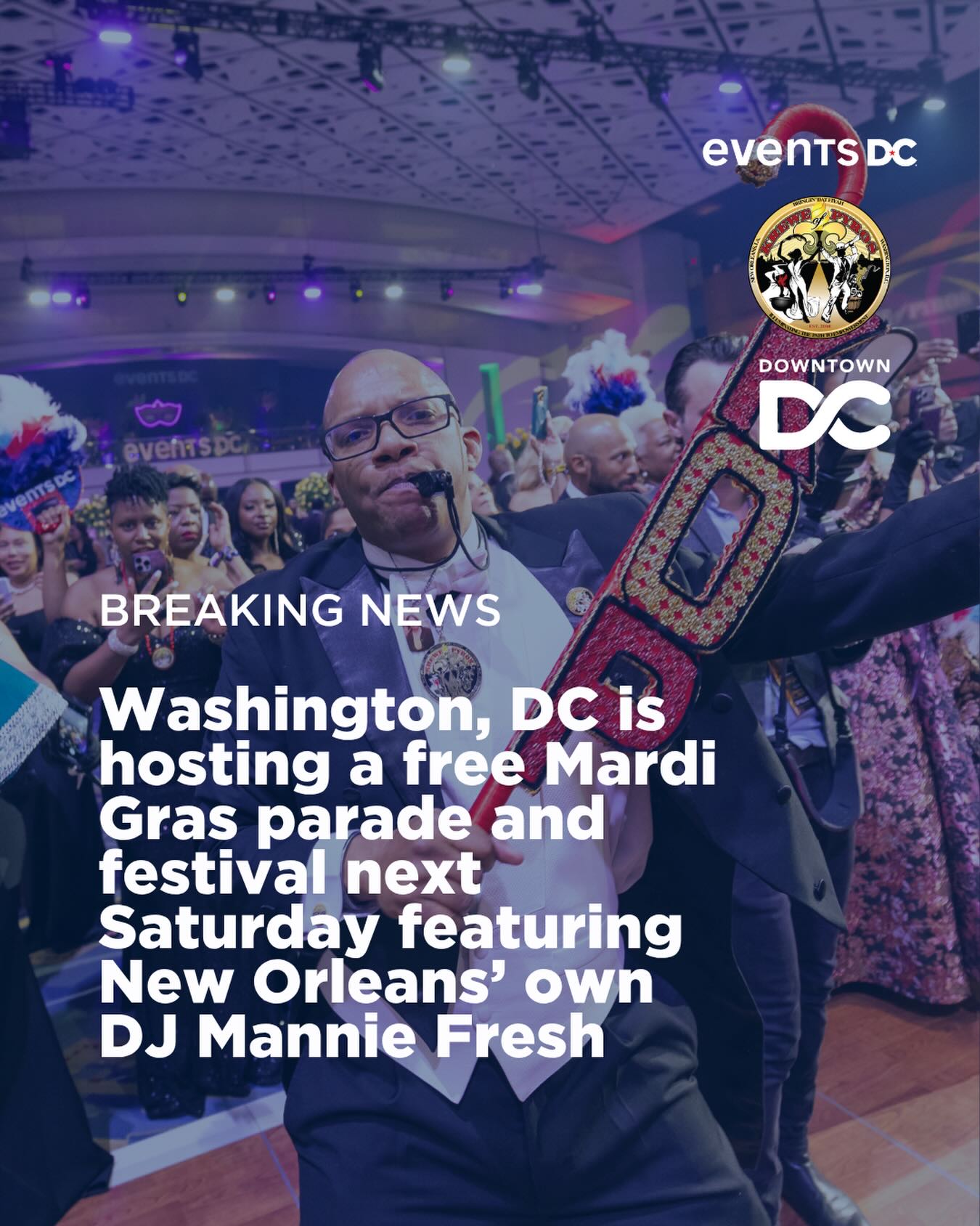 Who’s ready to get down, NOLA style? 

Mardi Gras is coming early to Washington, DC! The @kreweofpyros Mardi Gras Parade & Fiyah Festival will fill downtown DC with colorful floats, marching bands and brass bands from DC and Louisiana. 

After the parade,