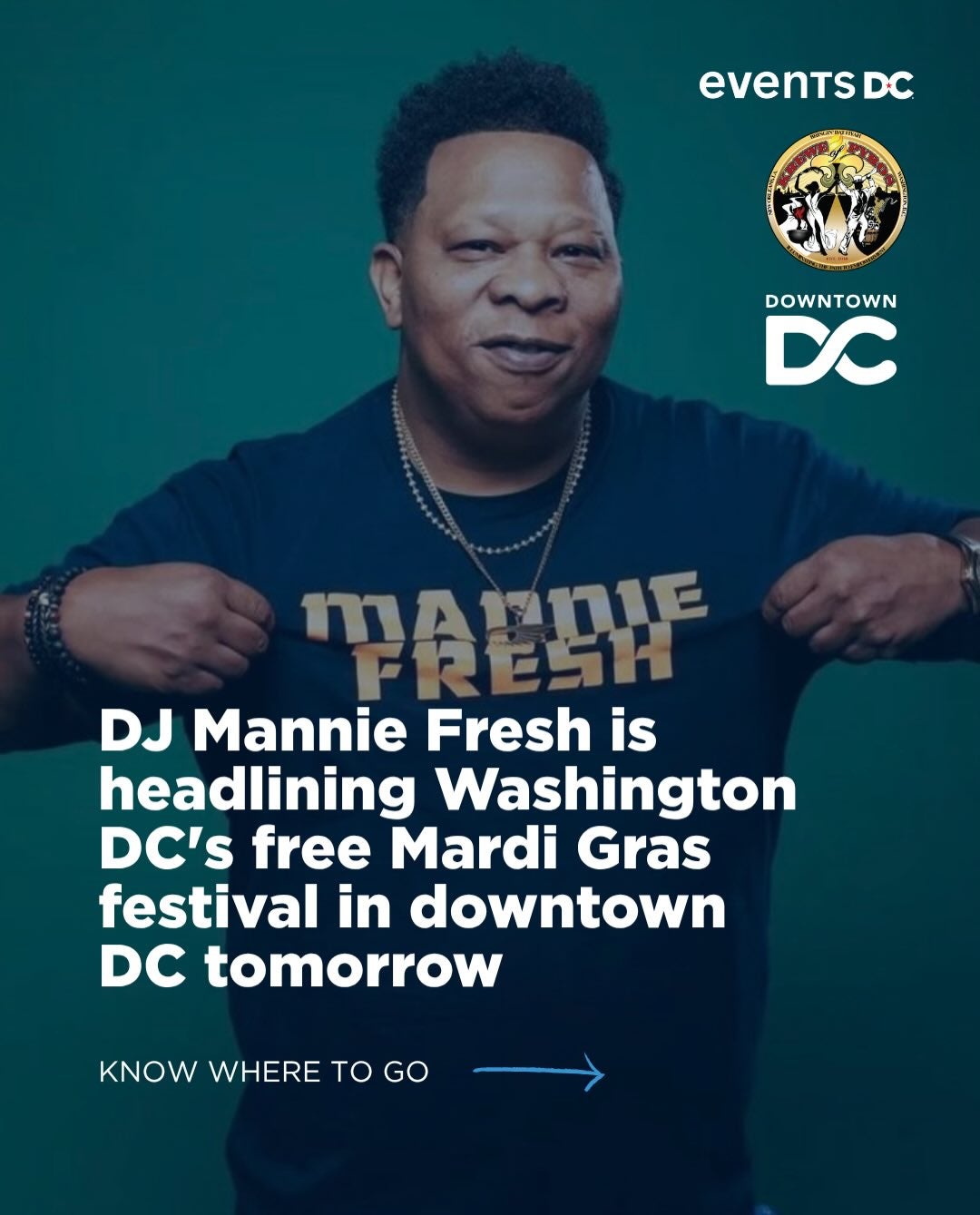 DJ Mannie Fresh is bringing New Orleans energy to Downtown DC 

The legendary DJ and producer @manniefresh headlines the @kreweofpyros Fiyah Festival at Anthem Row, part of a full day of Mardi Gras festivities featuring a parade, colorful floats, marching