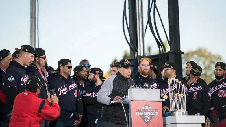 Ted Lerner talks to the crowd at the Washington Nationals World Series Parade.